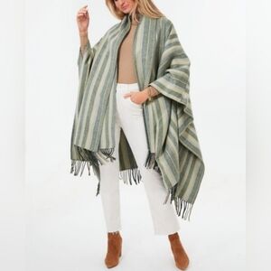 Jonathan Simkhai Size Small-Large Green Stripe Fringe Wool Scarf Coat Poncho NWT